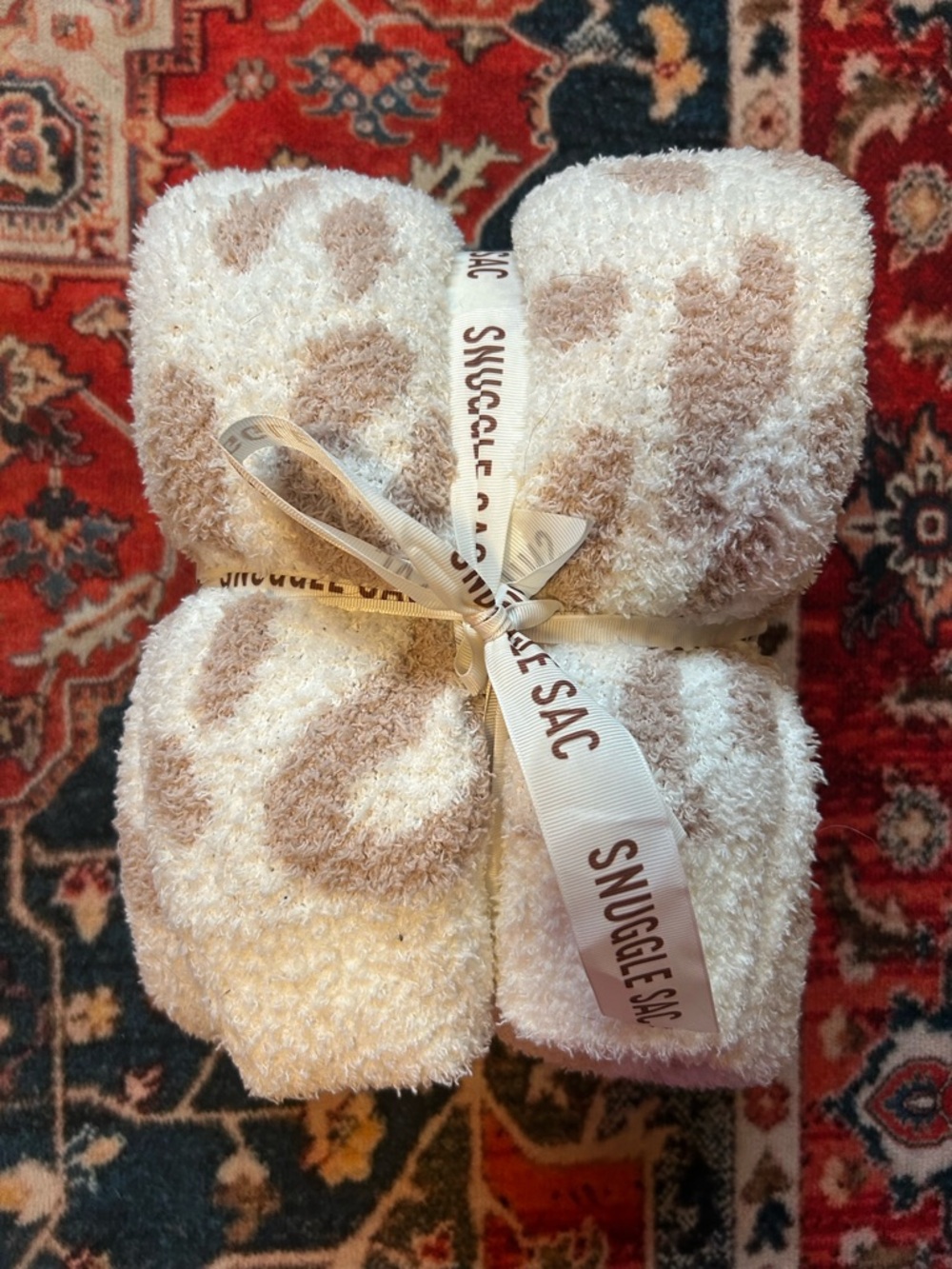 Snuggle Sac Plush Throw Blanket - Cream & Tan Leopard